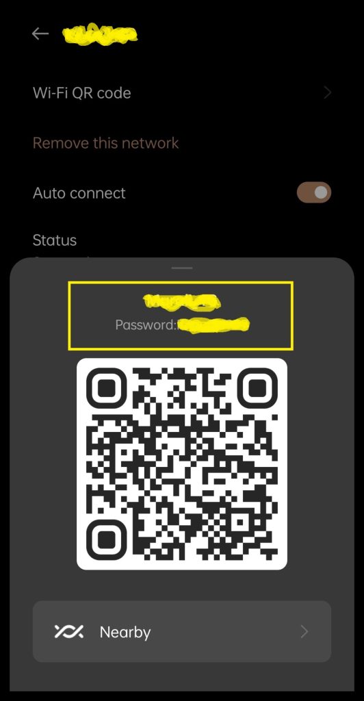 wifi password recovery Android phone screen showing WiFi settings with QR code and password visible