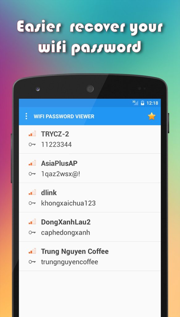 wifi password recovery app free download Smartphone screen showing list of saved WiFi networks with passwords displayed in recovery app