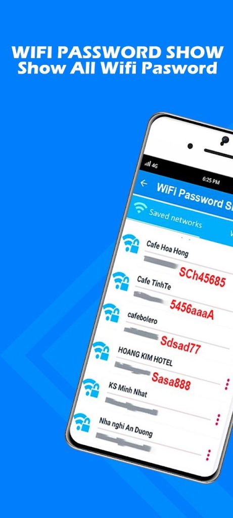 wifi password recovery app without root WiFi Password Viewer app showing list of saved networks with passwords