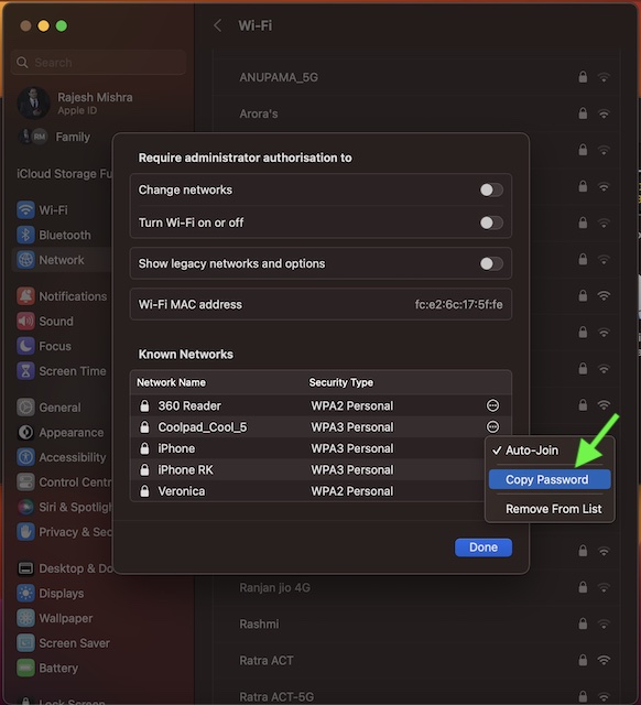wifi password recovery application Keychain Access app on macOS with WiFi network selected showing password checkbox