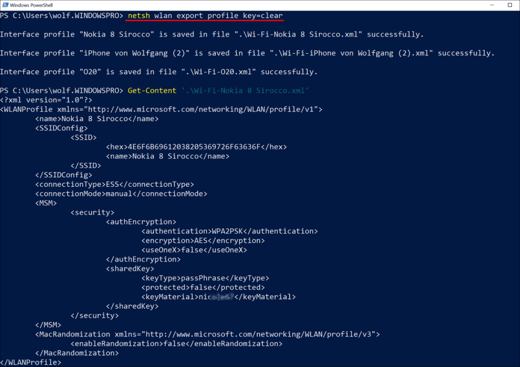 wifi password recovery command export profiles close-up of keyMaterial tag in WiFi XML file showing plain text password
