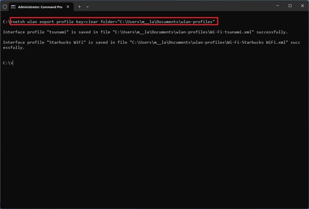 wifi password recovery command export profiles netsh wlan export profile command example in Windows Command Prompt