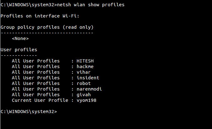 wifi password recovery command export profiles netsh wlan show profiles command output listing saved WiFi networks
