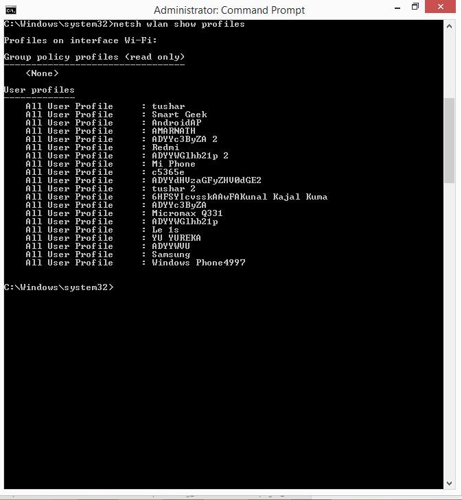 wifi password recovery command for windows netsh wlan show profiles command output listing WiFi networks