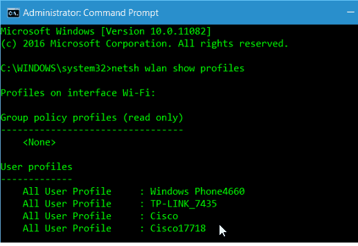 wifi password recovery for encrypted network netsh wlan show profile with key=clear showing password in Command Prompt