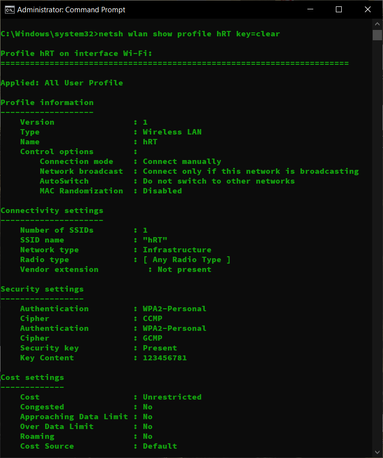 wifi password recovery for huawei Windows command prompt with ADB command showing WiFi password output