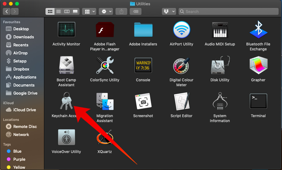 wifi password recovery for macbook air Keychain Access app icon in macOS Utilities folder