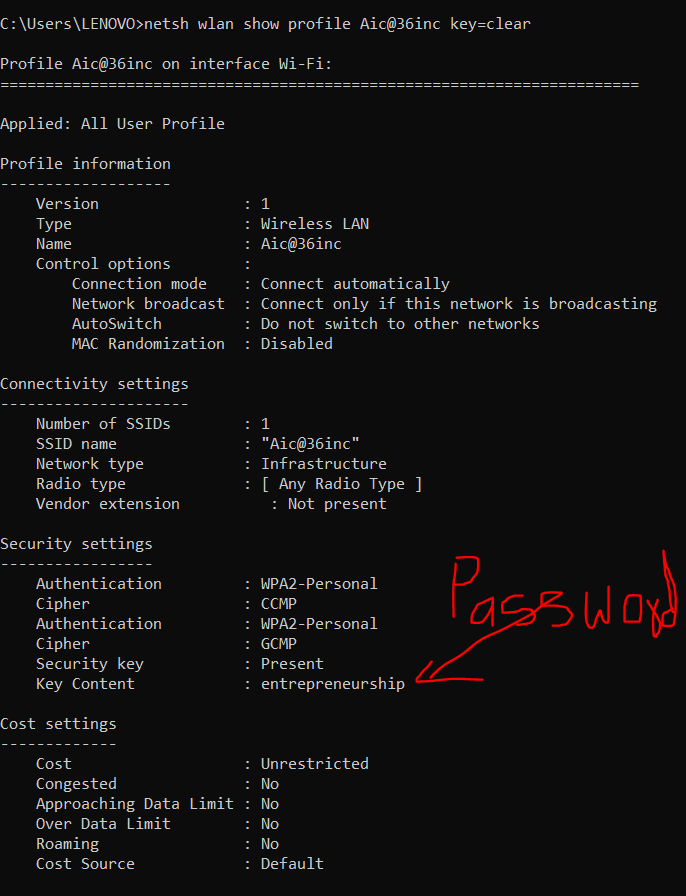 wifi password recovery for mesh wifi Windows Command Prompt netsh wlan show profile password
