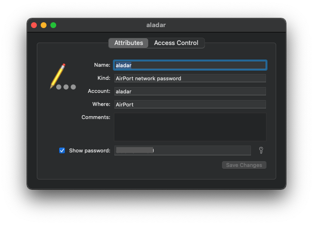 wifi password recovery macOS Keychain Access window with WiFi network selected showing password checkbox
