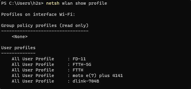 wifi password recovery on enterprise network Windows command prompt netsh wlan show profile