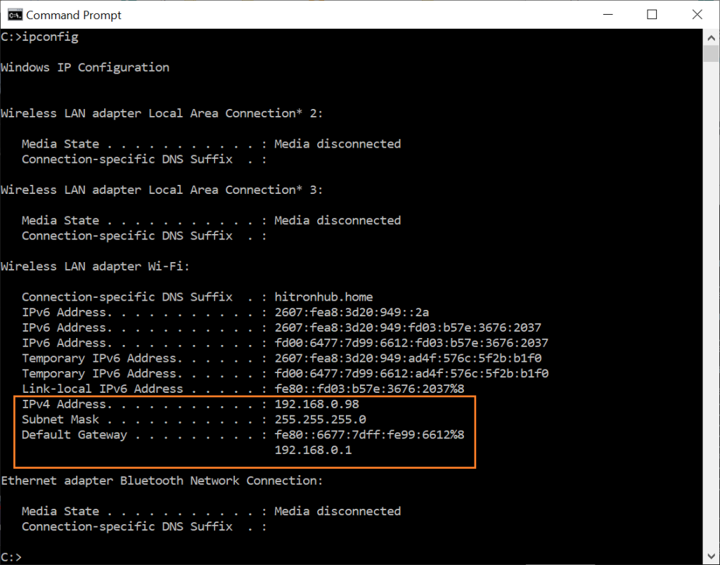 wifi password recovery on hotspot device Windows Command Prompt showing ipconfig output with Default Gateway