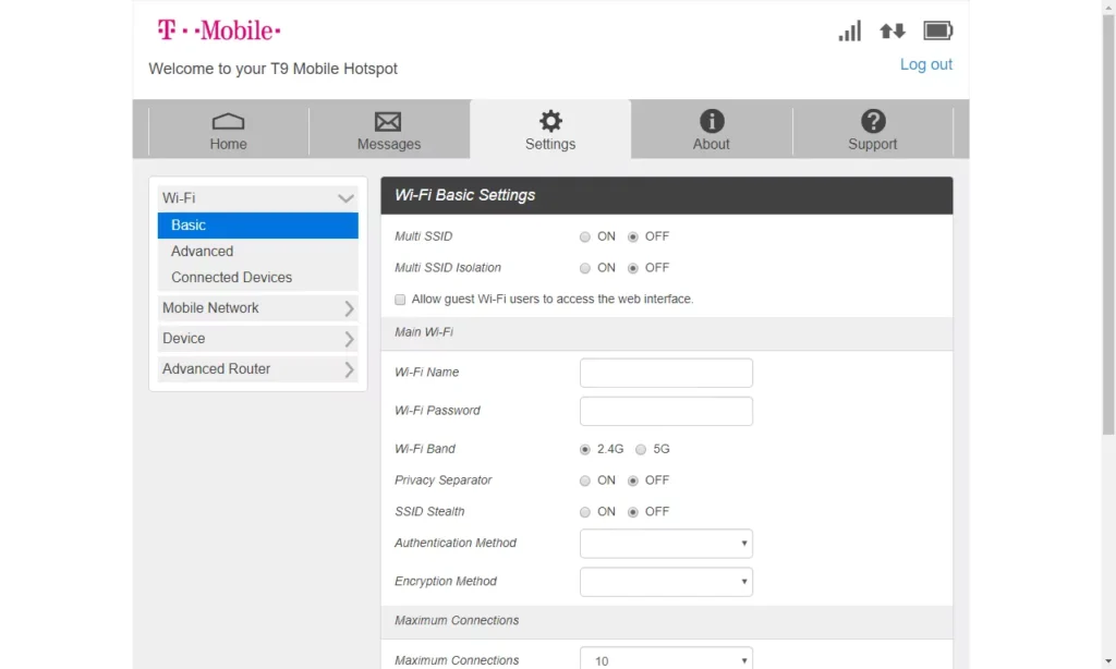 wifi password recovery on hotspot device Wireless settings page in hotspot admin panel showing SSID and encryption