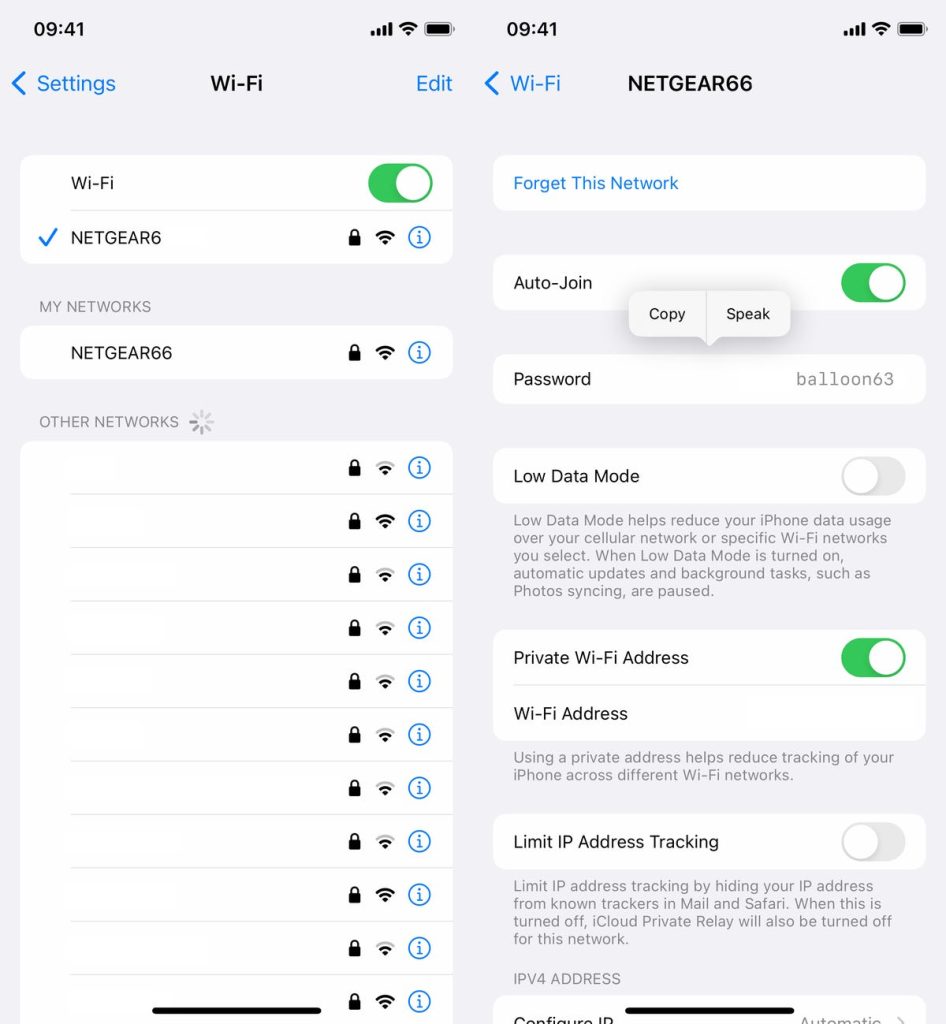 wifi password recovery on university network iPhone WiFi settings password reveal iOS 16 screenshot