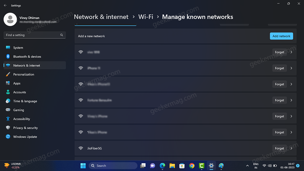 wifi password recovery on university network Windows WiFi settings saved networks list screenshot
