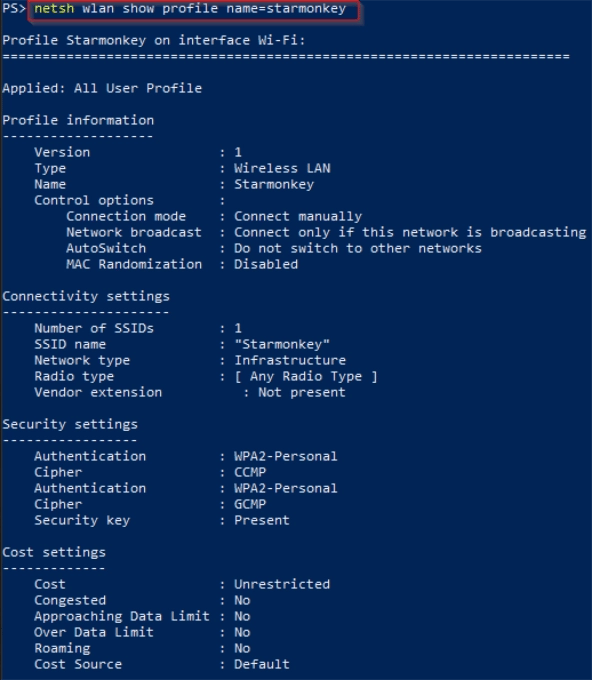 wifi password recovery powershell export PowerShell command 'netsh wlan show profiles' output listing WiFi networks