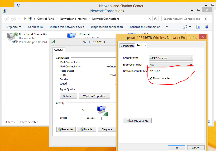 wifi password recovery process without software Windows WiFi network status showing wireless properties security tab show characters
