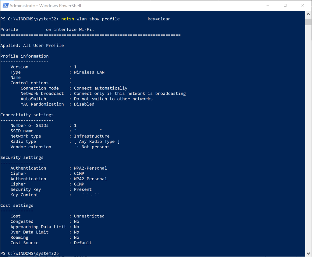 wifi password recovery program Windows netsh command showing WiFi password in Key Content