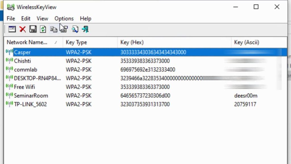 wifi password recovery program WirelessKeyView software window showing list of WiFi networks and passwords