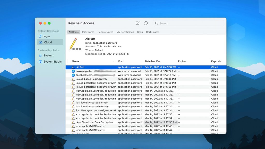 wifi password recovery tool macOS Keychain Access showing WiFi password entry with reveal password option