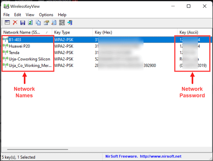 wifi password recovery tool WirelessKeyView software interface showing WiFi passwords on Windows