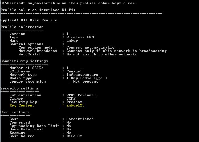 wifi password recovery toolkit Windows Command Prompt showing WiFi password recovery key content