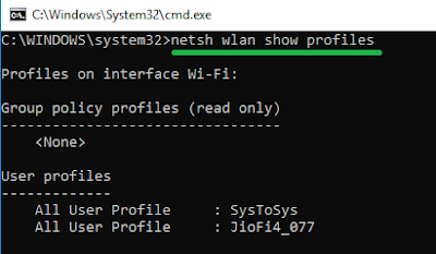 wifi password recovery tutorial cmd netsh wlan show profiles command output in Windows CMD