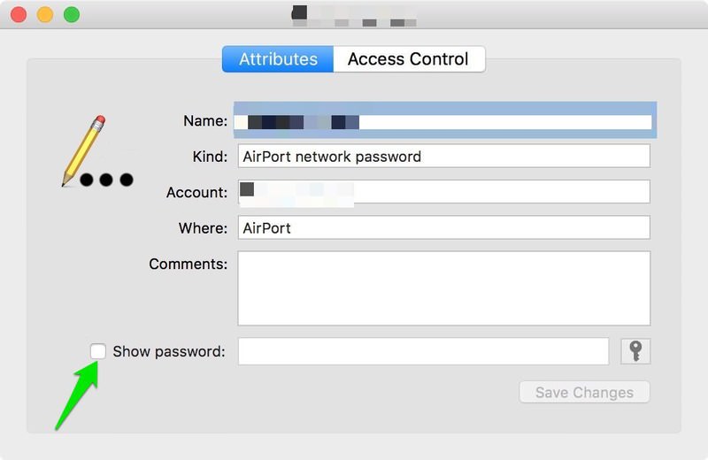 wifi password recovery tutorial macos Keychain Access window showing WiFi network info with 'Show password' checkbox