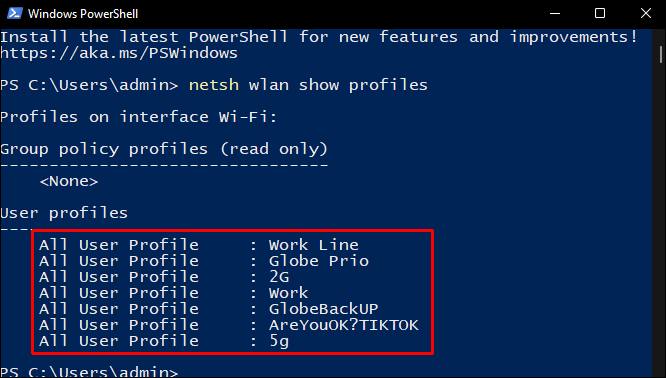 wifi password recovery tutorial powershell PowerShell window showing netsh wlan show profiles output