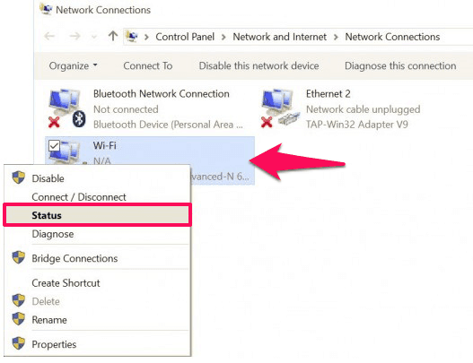 wifi password recovery using network settings Windows WiFi Status window with Wireless Properties button