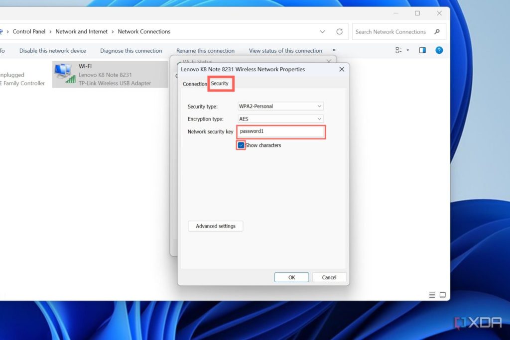 wifi password recovery using network settings Windows Wireless Properties Security tab with Show characters checkbox