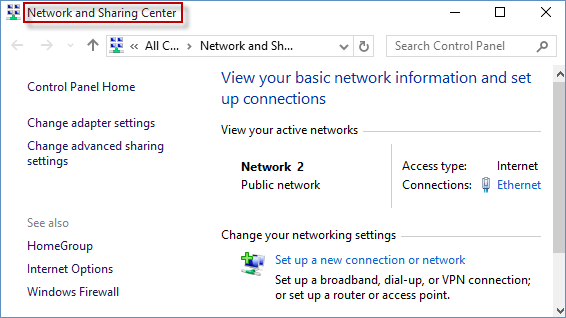 wifi password recovery via control panel Network and Sharing Center in Windows 10 showing active networks