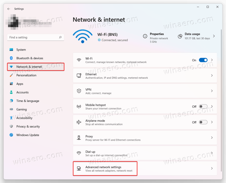 wifi password recovery via control panel Windows 11 Settings Network and Internet Advanced network settings