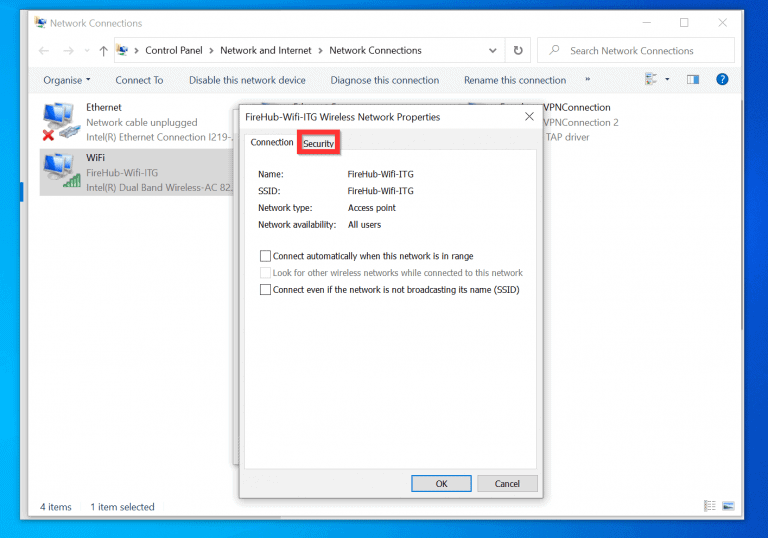 wifi password recovery Windows 10 network settings showing WiFi properties and security tab