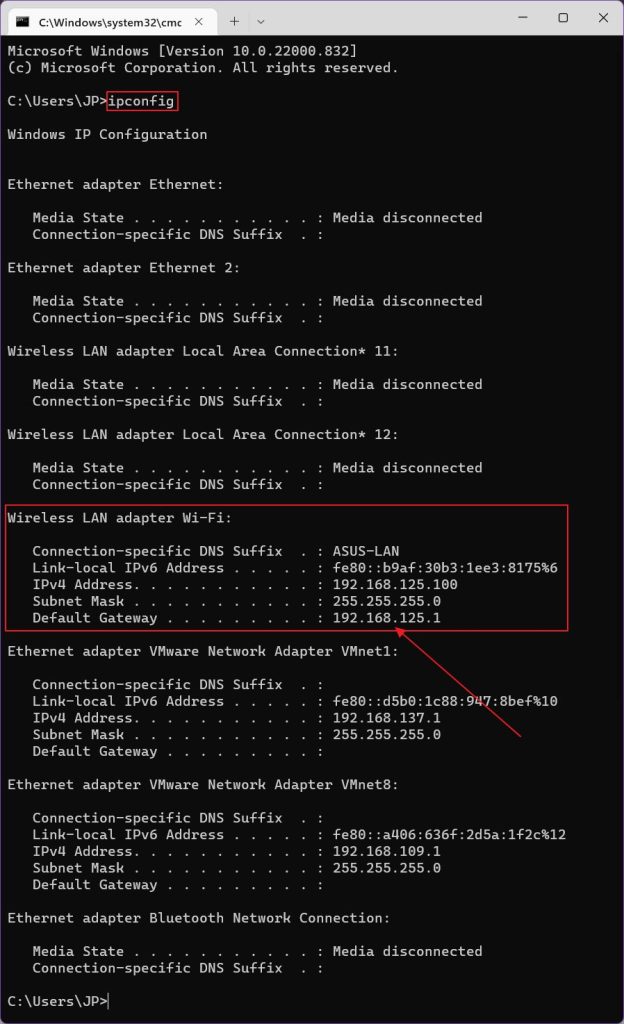 wifi password recovery with router login default gateway IP address in ipconfig output screenshot Windows
