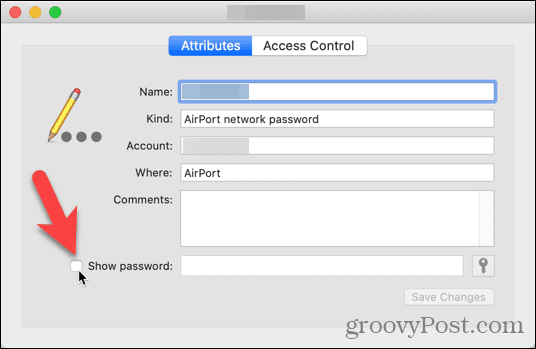 wireless password recovery mac Keychain Access WiFi password dialog box with Show password checkbox