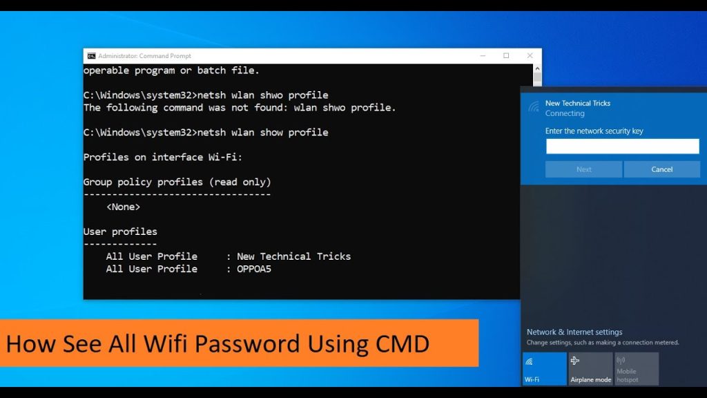 wifi password recovery via cmd netsh wlan show profiles output in Windows cmd